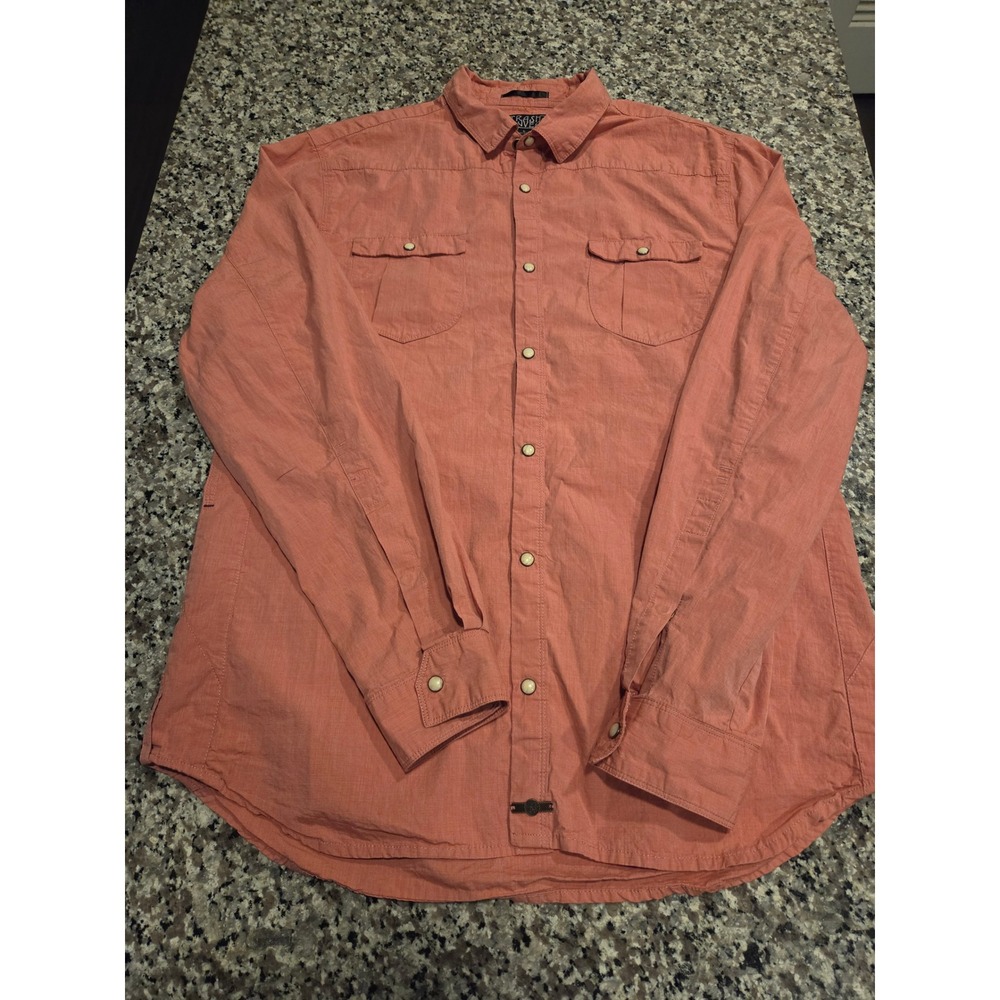 Trash Nouveau Mens Western Pearl Snap Shirt Salmon‎ Pink Textured Long Sleeve L